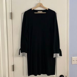 Loft sweater dress, pinstripe layered at cuffs